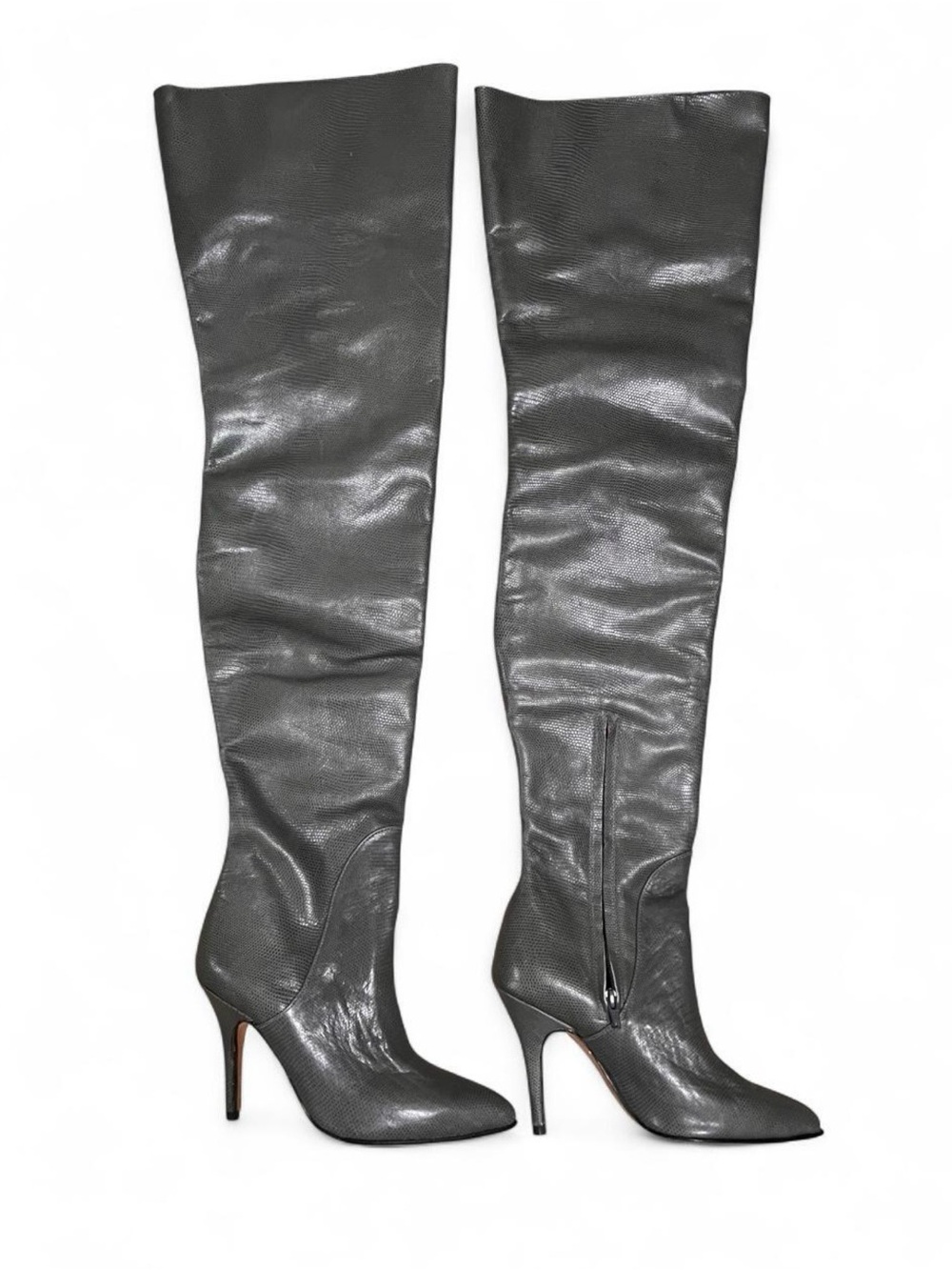 Jean Gaborit Paris Gray Embossed Leather Over the Knee Boots EU 39